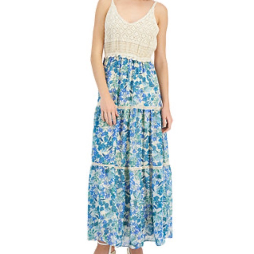 TAYLOR Crochet Bodice Maxi Dress Sz XS Blue Cream Floral pit t pit 15 length 54 - Picture 2 of 12